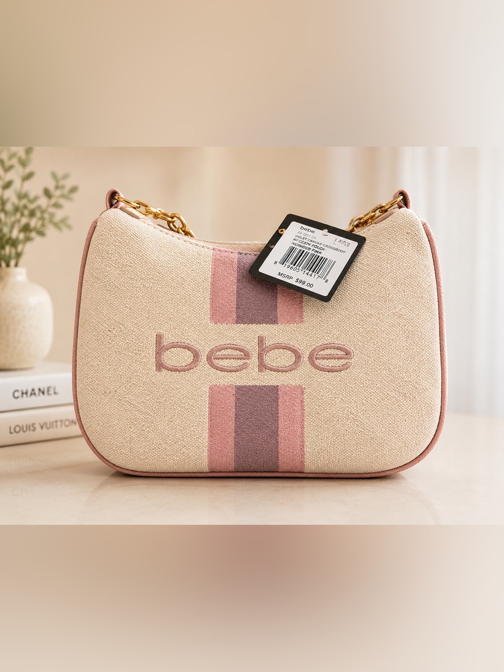 bebe Blush & Mauve Stripe Canvas Shoulder Bag with Gold Chain